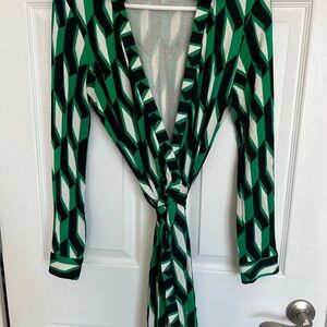 DVF Jeanne Wrap Dress, Size 10, in a black, green, & white billiard print.